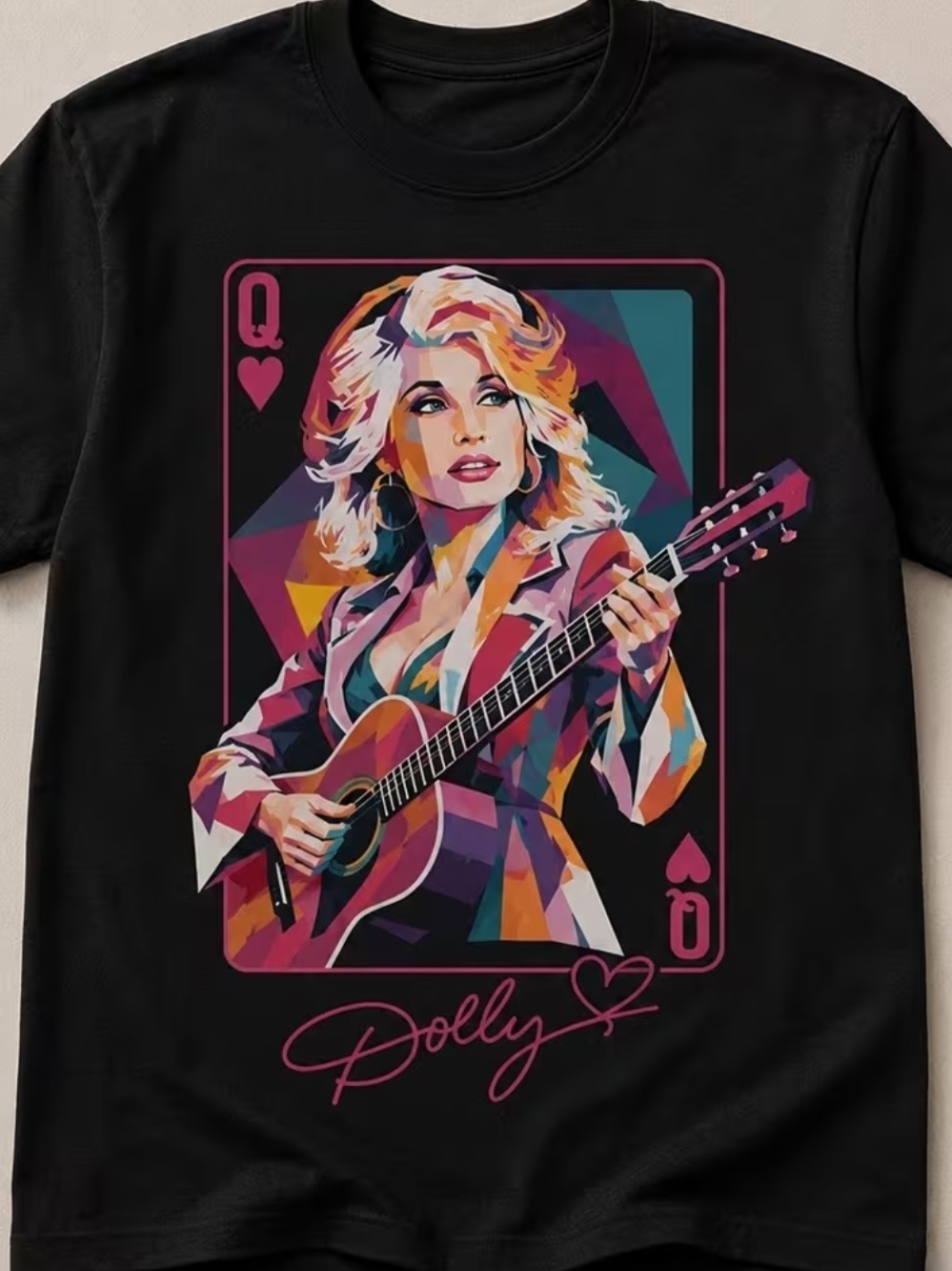 Black Graphic Women’s Tee with Colorful Guitar Queen Dolly Parton